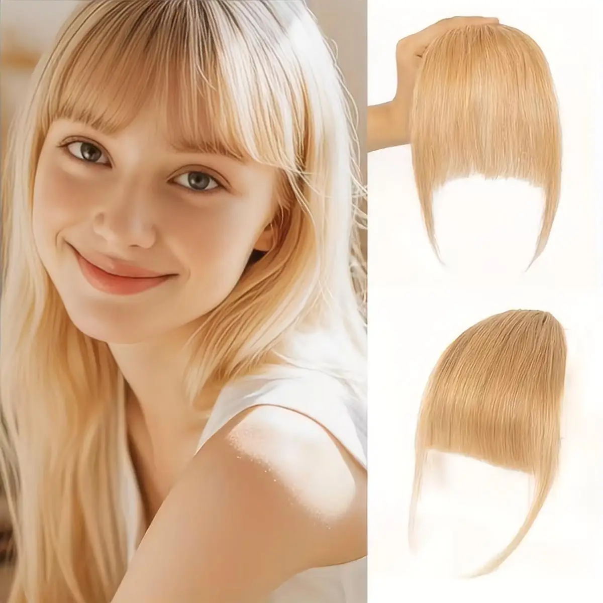 Wispy Curtain Bangs 100% Human Hair Light French Air Bangs with Temples Clip in bangs Hair extensions for Women Blond Color