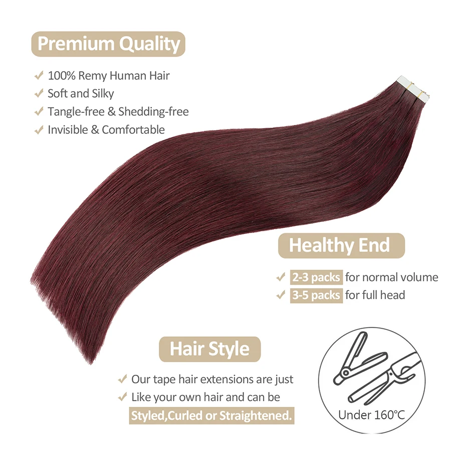 Wine Red Tape in Hair Extensions Real Human Hair 12-24