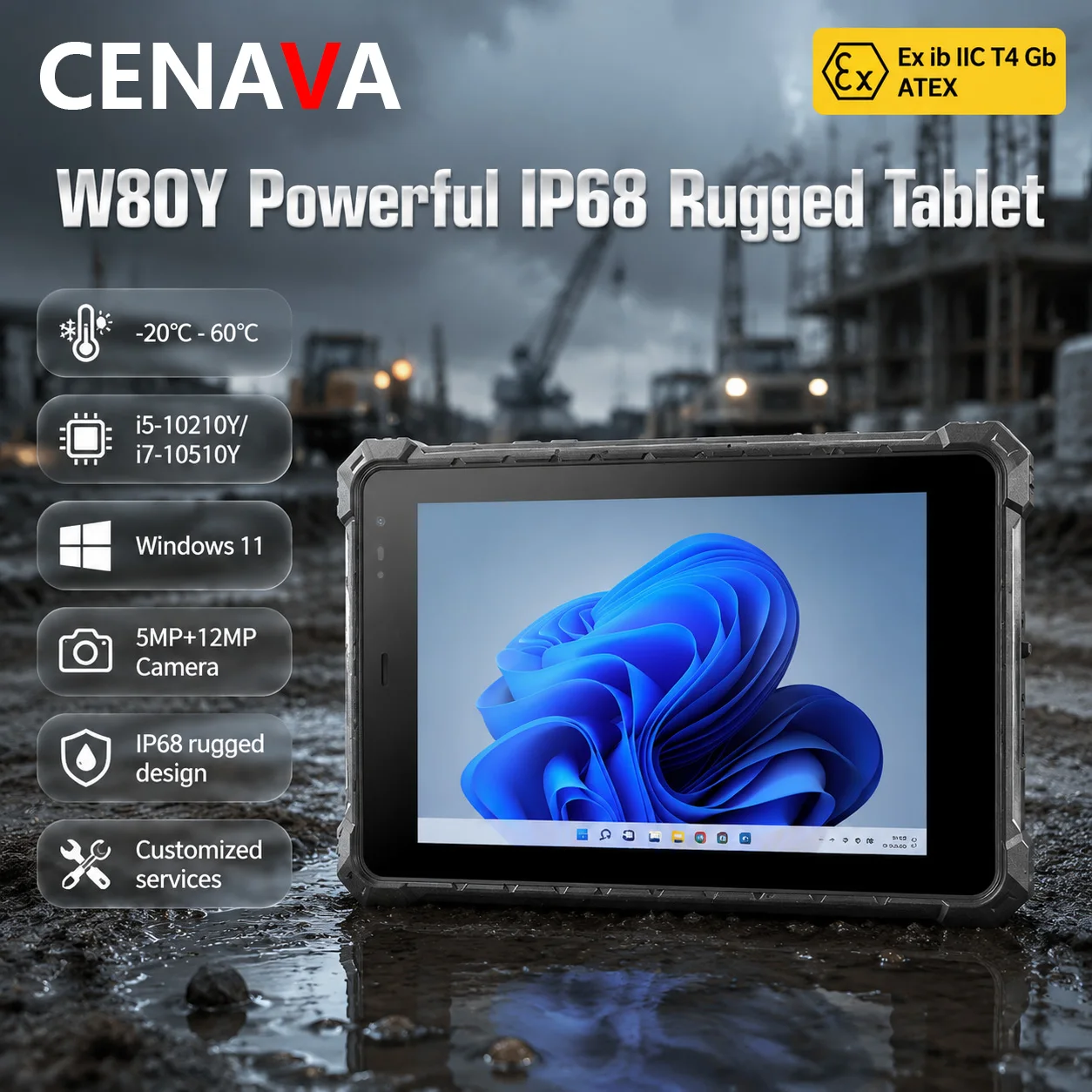 CENAVA W80Y 러기드 태블릿 8인치 인텔 i5-10210Y/i7-10510Y 산업용 IP68 윈도우 11 프로 맞춤형 4G/5G/지문인식/UHF/스캐너