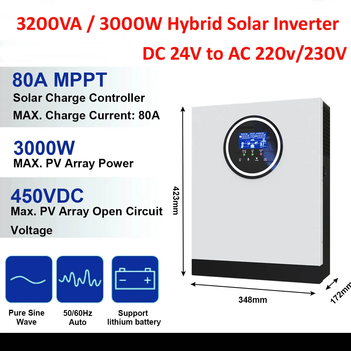 3000W 3KW Solar Hybrid Inverter DC 24V to AC230V Off-Grid Pure Sine ...