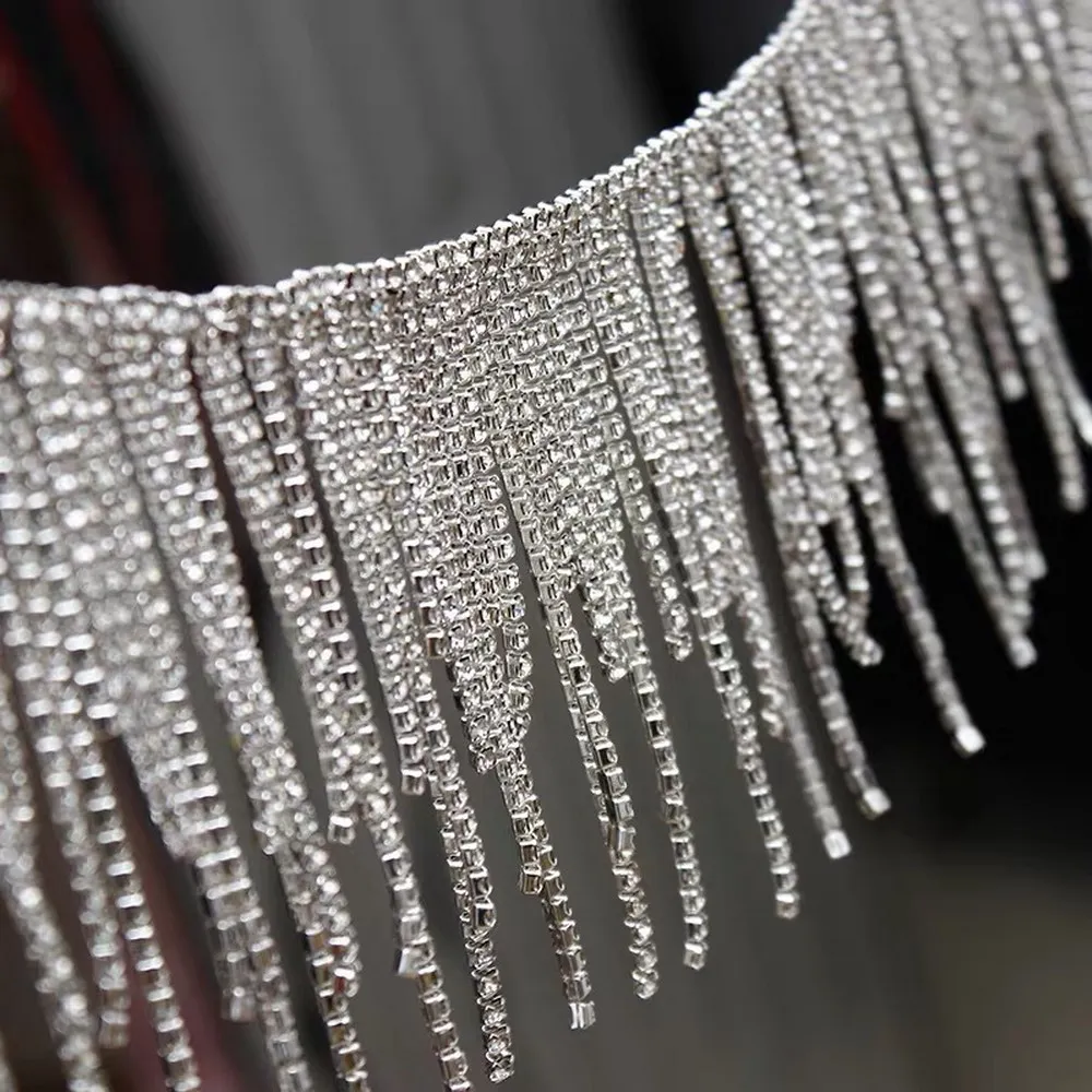 

10yards Glitter Silver Plating Crystal Decoration Fringe Clear Rhinestone Long Tassel Chain Trim Sew on Dress Shoe Accessories