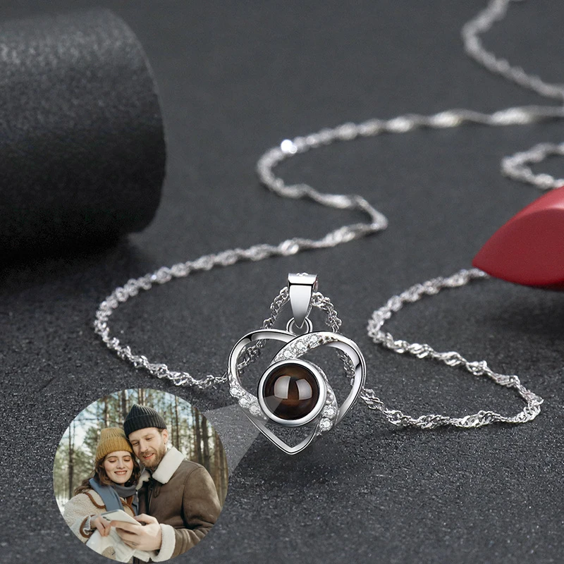 

Custom Heart Projection Necklace 925Sterling Silver Clavicle Chain With Picture Personalized Photo Projection Necklace For Women