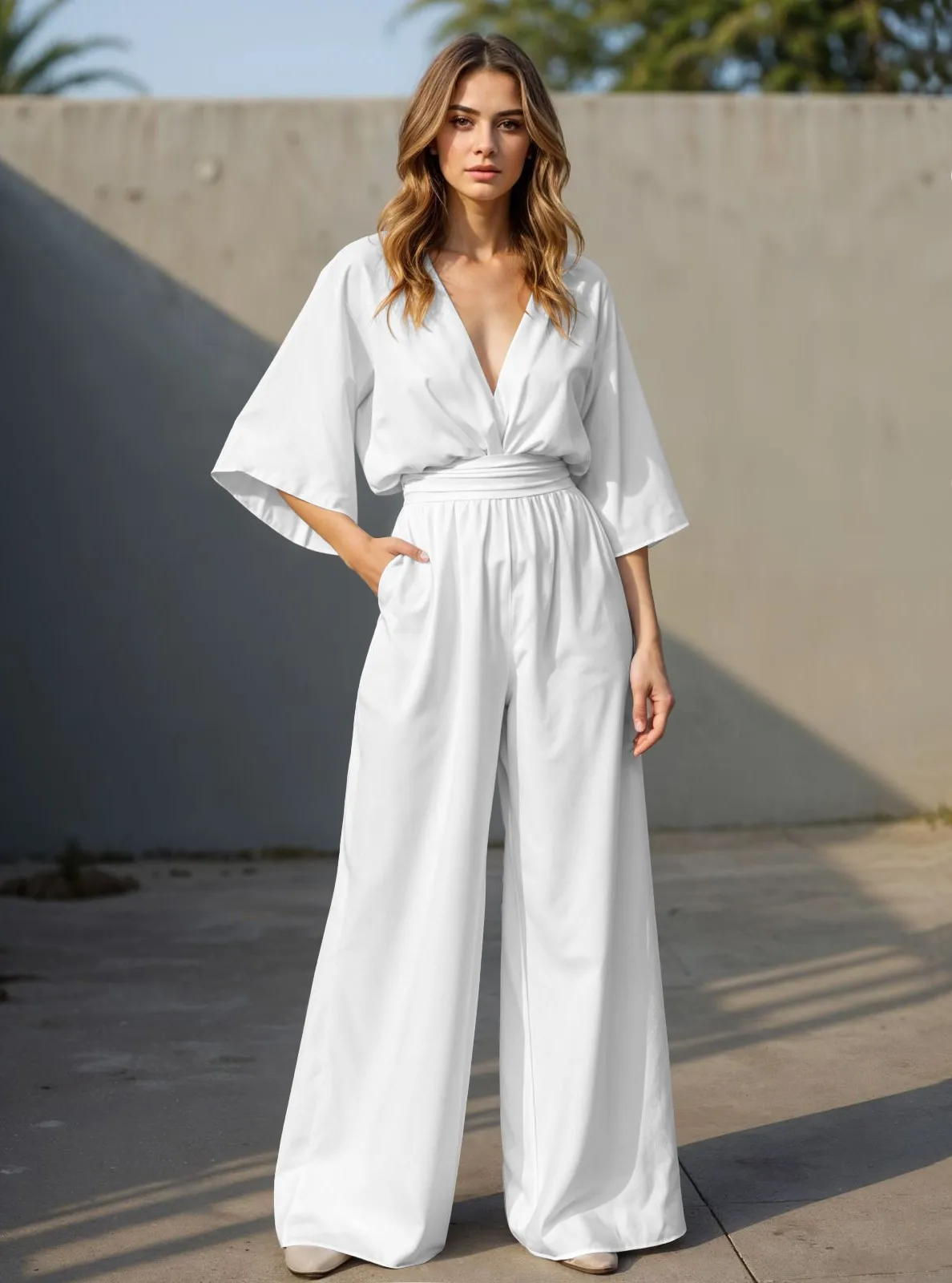 Mono Mujer Escote En V Profundo Cinturilla Alta Mangas Amplias Diseño Suelto Corte Pierna Ancha Con Bolsillos Estilo Fluido Para Mujer Moderna Casual Y Elegante Moda Femenina Enterizo Largo Tendencia Fashion Mujer