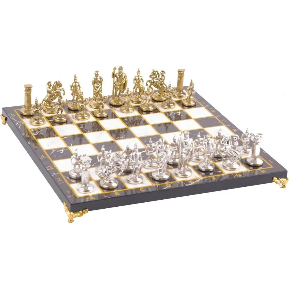 

Luxury Metal Cast Chess Set Roman Legion Army & Custom Leg Black - Blue Marble Pattern Board Chess Figures Wooden Game Pieces