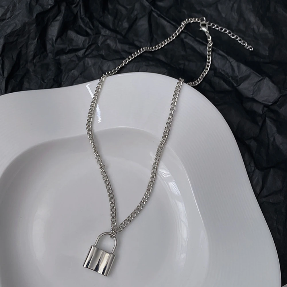 Grunge Link Chain Lock Pendant Necklace for Women Men Silver Color  Stainless Steel Jewelry on the Neck Punk Accessories Gifts