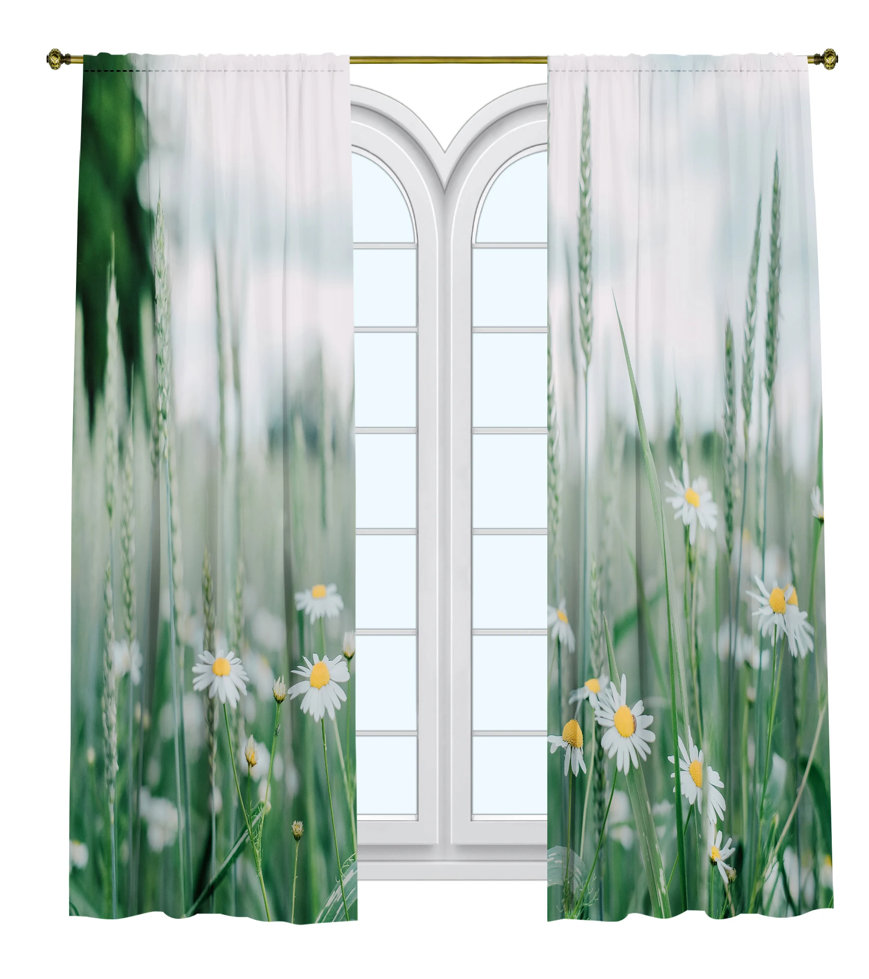 

Nature Landscape Printed Curtain / Bedroom Dining Room Living Room Covers Set of 2 Panels - Daisies in a Green Rye Field Decor