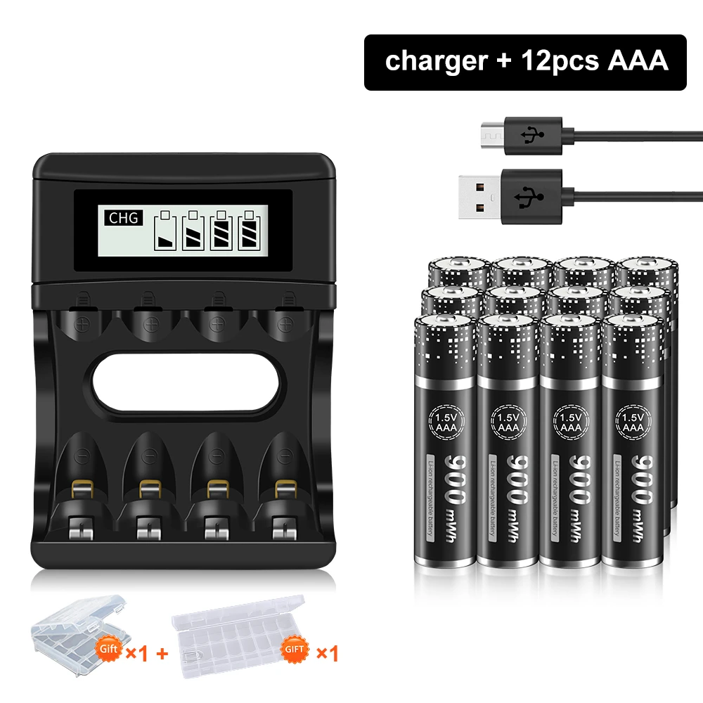

PALO 1.5V AAA Li-ion Rechargeable Battery AAA 900mWh 1.5V Lithium Rechargeable Battery with 4 Slot LCD Smart Battery Charger
