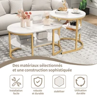Ensemble de 2 Tables Basses Gigognes Ovales, Lot de 2 Tables Basses 2 en 1 avec espace de Rangement, Table Basse aspect Marbre Table de salon Basse pour Salon, Balcon et Bureau 6