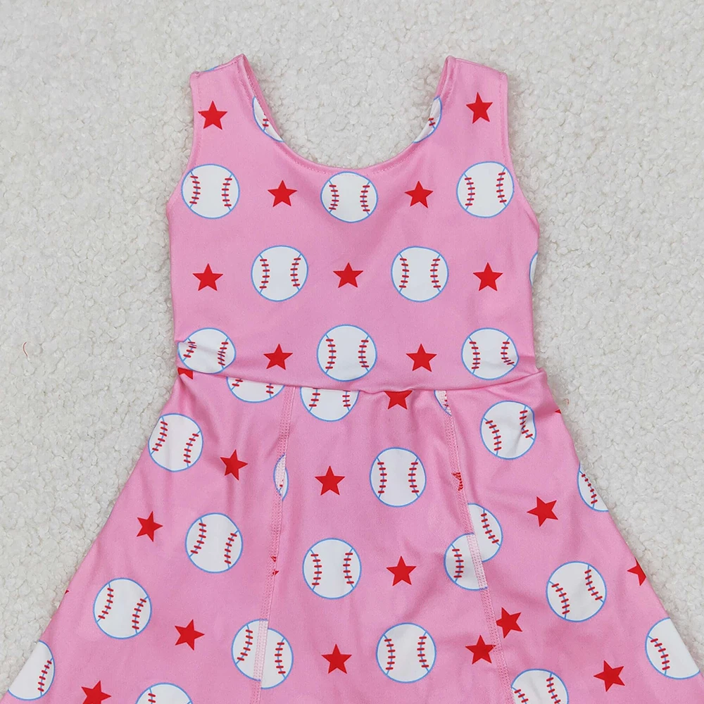 3.17 GSD2135 Baby Girls Dresses Sleeveless Baseball Print Have Under Shorts Kids Summer Clothing