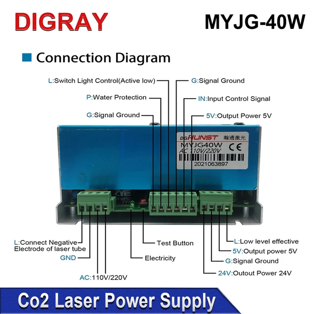 DIGRAY MYJG- 40W CO2 Laser Power Supply 110V/220V For 30W 40W K40 Engraving Cutting Machine Suitable Length 50X700mm Laser Tube 5