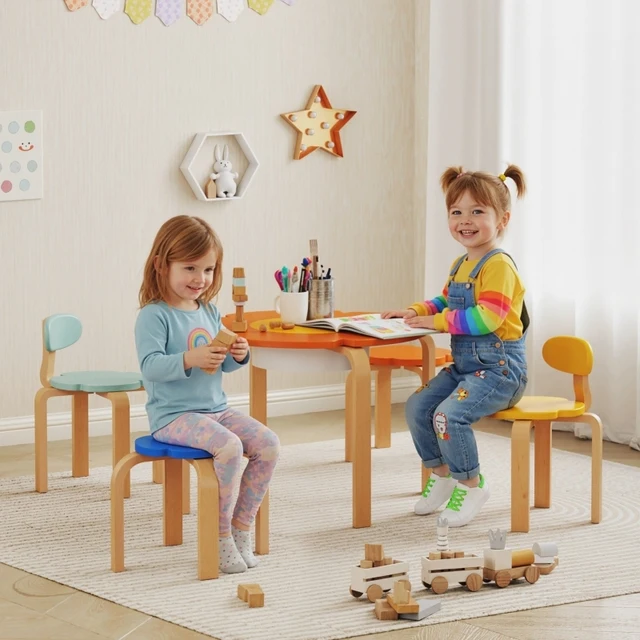Ensemble table et chaises pour enfants Anajqaqia 5 pièces, avec sac de rangement, forme de fleur, pour salles de jeux, chambres d'enfants, en bois, coloré 1