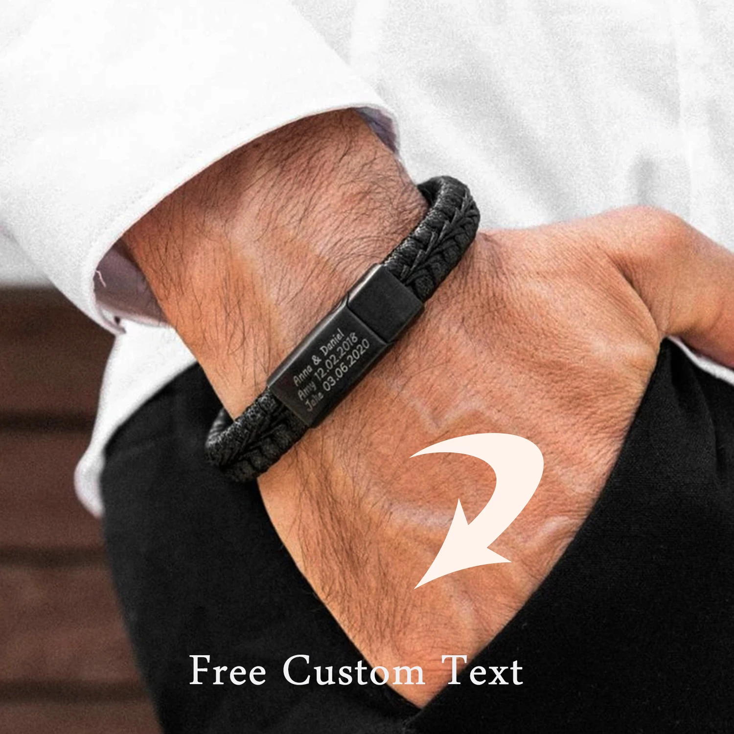 Engravable Black Leather Bracelet with Black Clasp for Mens - Gift for Him 10 Inches