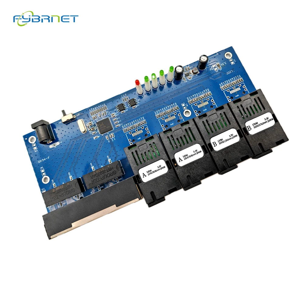 10/100Mbps Single Mode Fiber Switch 4F4E Fiber Port 20KM SC Optical Media Converter PCBA Fast Ethernet Simplex/Duplex