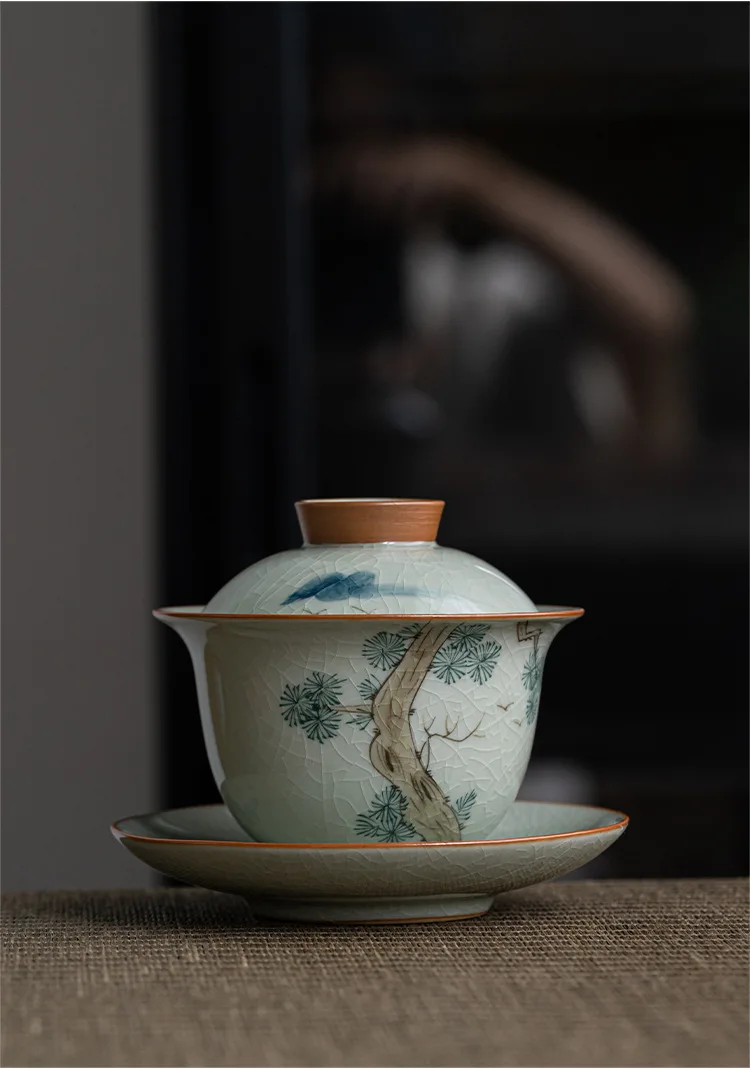 Hand Painted Pine Antique Ceramic Opening Gaiwan Tea Tureen Teaware Set Chinese Tea Bowl Chawan Cup