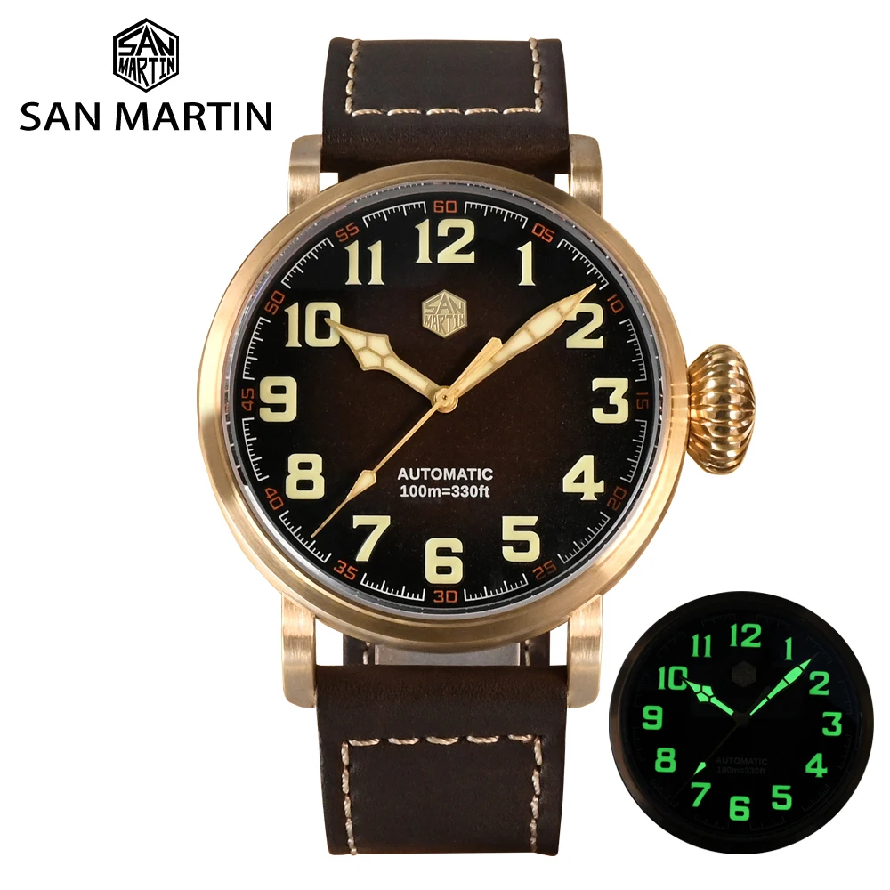San Martin 45mm CuSn8 Bronze Pilot Men Watch YN55A Automatic Mechanical Vintage Military Simple Style Sapphire Waterproof 10Bar 1