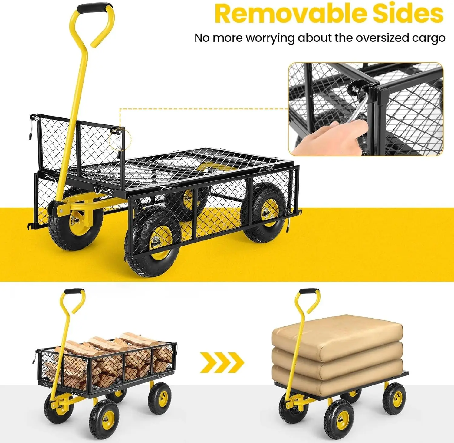 Steel Garden Cart 680 lbs Heavy Duty Garden Wagons with Removable Steel Mesh Sides Utility with 180&deg; Rotating Handle Metal Wagon