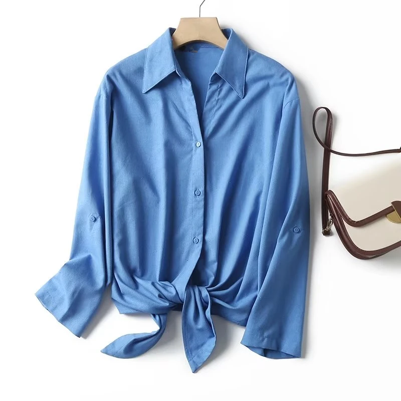 

Maxdutti High Street Casual Blouse Women Cotton Linen Shirt Fashion Solid Short Ladies Bow Crop Tops