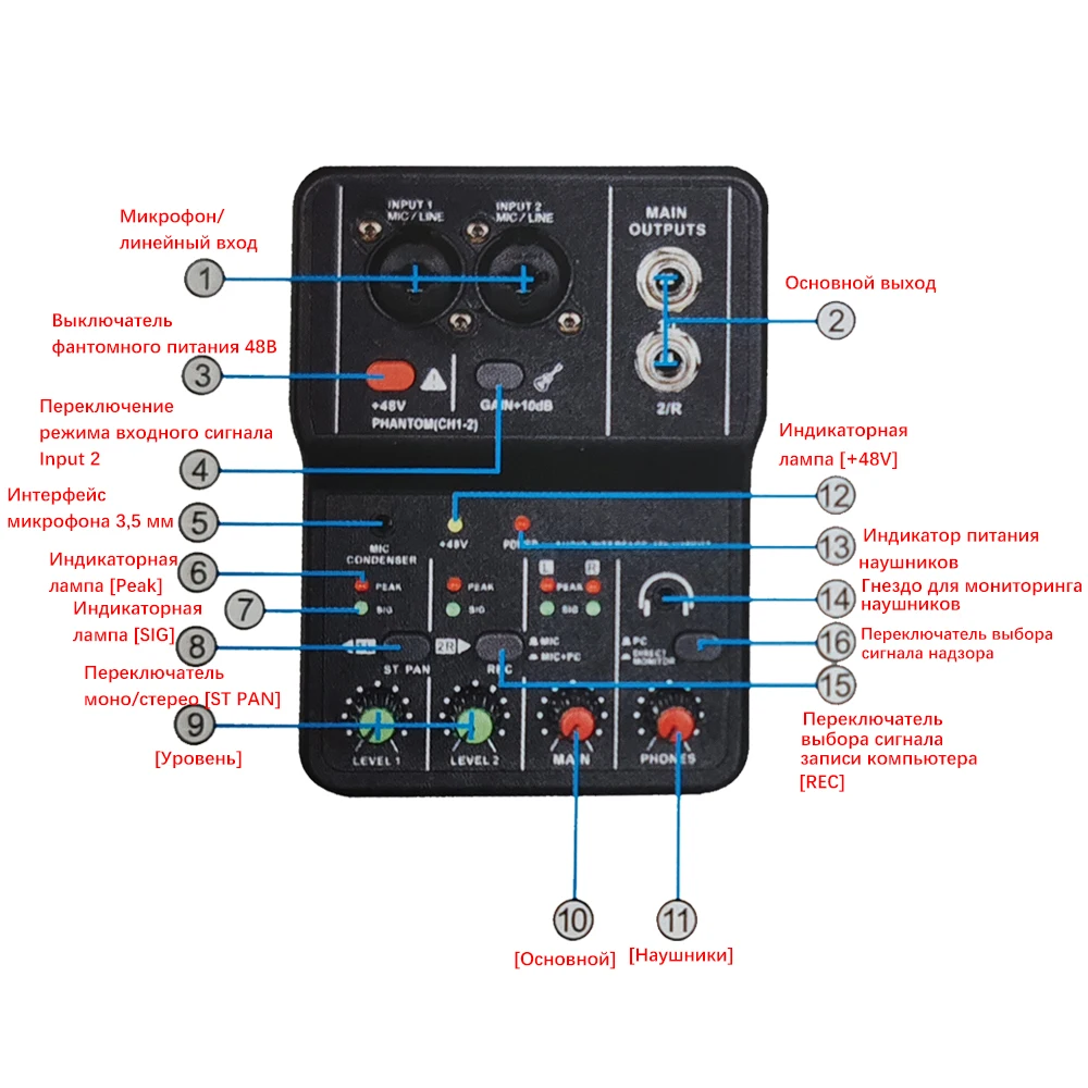 Q12 2 Channels Portable Audio Interface Sound Card Console Mini USB Mixer Professional for Guitar Recording Studio Singing
