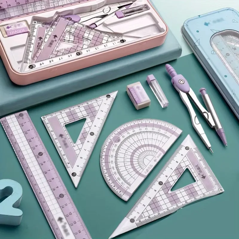 Exquisite 8in 1 Ruler Stationery Set Aluminum Alloy Compasses Multifunctional Combination Ruler Triangle Protractor Drawing Gift