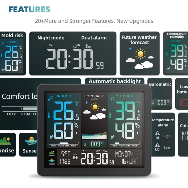 Wireless Digital Weather Station Indoor/Outdoor Weather Forecast with Sensor Table Desk Alarm Clock Temperature Humidity Meter - Image 3