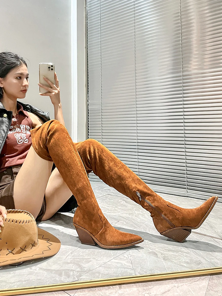 

Botas Femininas Tendencia 2023 Autumn Winter Brown Suede Knight Western Cowboy High-Heeled Over-the-knee Boots Free Shipping