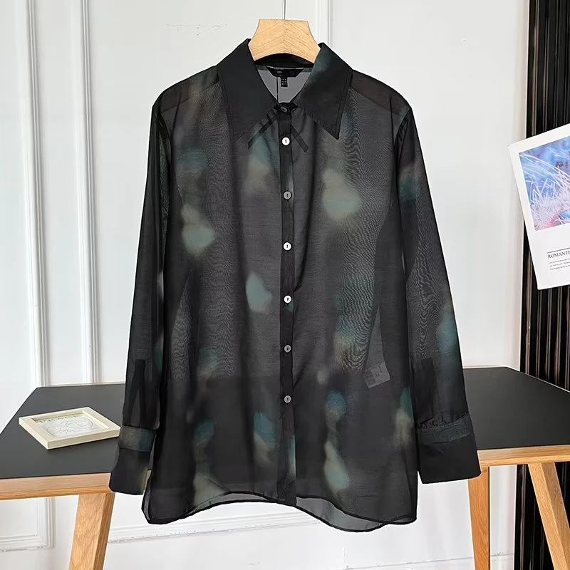 Maxdutti French Elegant See Through Blouse Women Printed Shirt Office Ladies Fashion Casual Shirts Tops