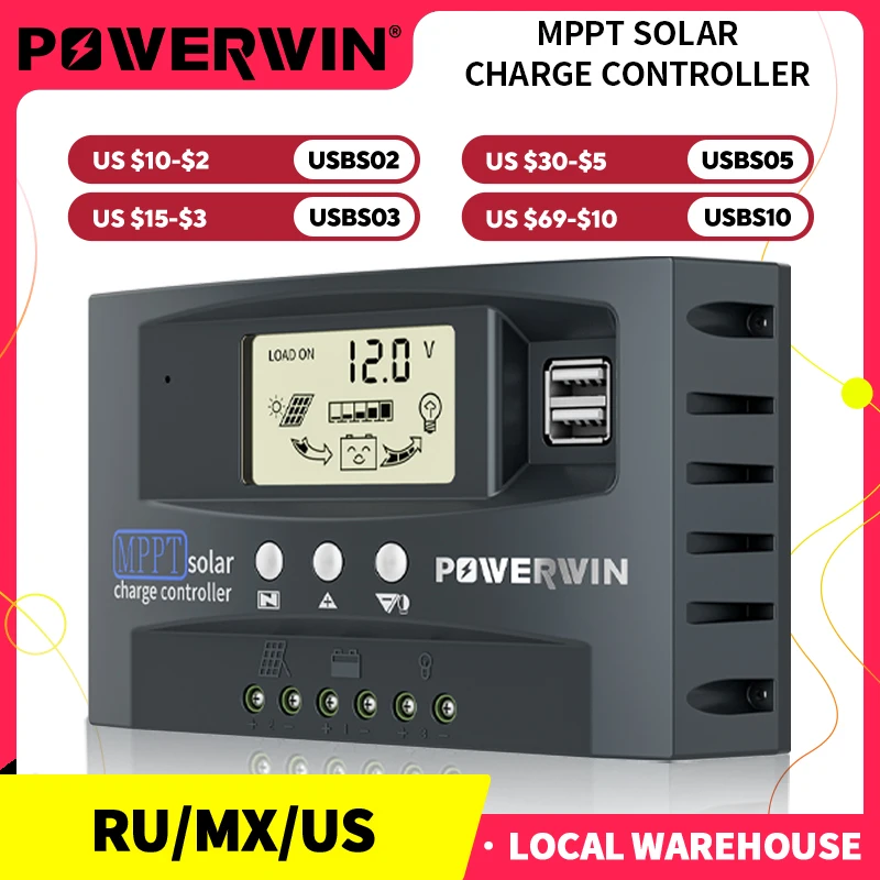 POWERWIN MPPT Solar Charge Controller 30A 50A 12V 24V Auto Solar Regulator LCD Dual USB for LiFePO4 Battery