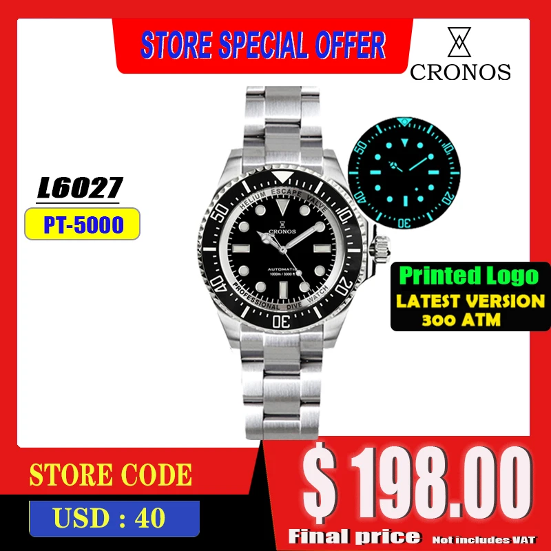 クロノス自動ダイビングウォッチステンレス鋼 2000 メートル防水