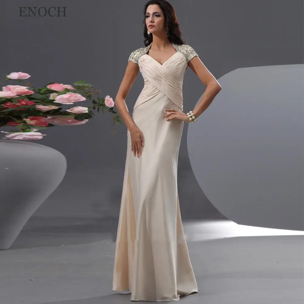 

ENOCH Elegant V-Neck Satin Evening Dresses Beading Appliques Formal Gowns Sweep Train Cap Sleeves Vestidos De Gala Custom Made