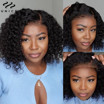 UNice Short Curly Bob Wig Human Hair 7x5 Bye Bye Slip Side Part Glueless Wigs Ready To Wear Go
