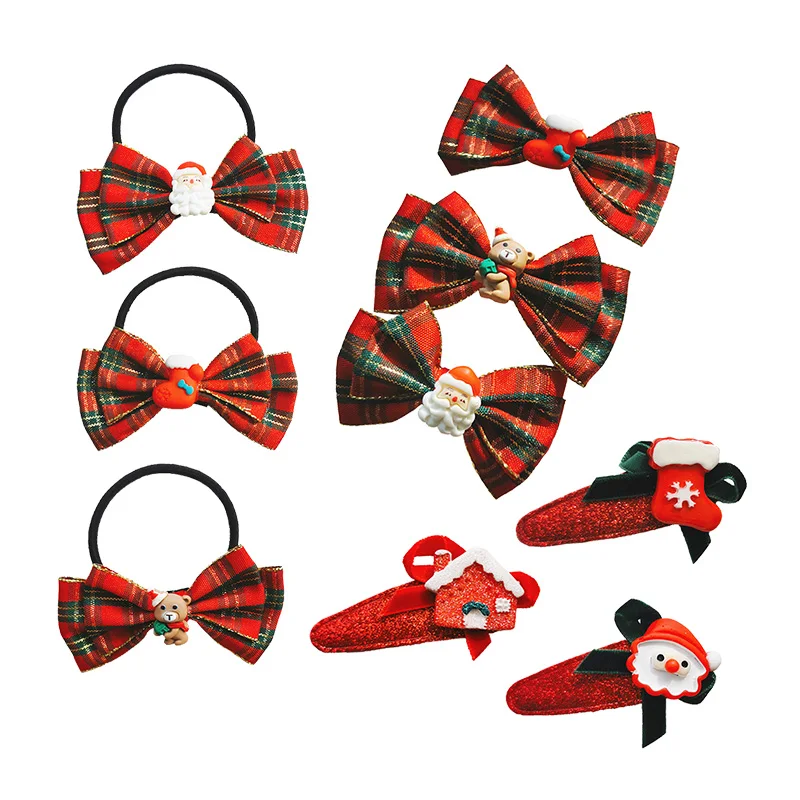 

2pcs Red Plaid Hair Bow Christmas Socks Santa Hair Clips Baby Girls Snap BB Clip Girls Holiday Hair Accessories