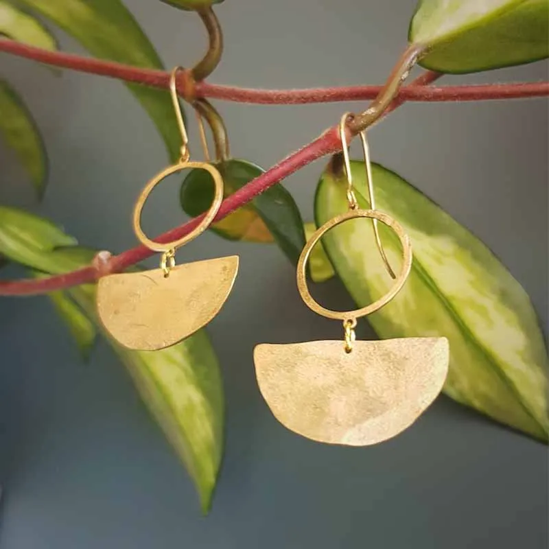 

Beaten Brass Gold Tempest 'Umbra' Abstract Geometric Hammered Statement Earrings Bridal Ready to Gift