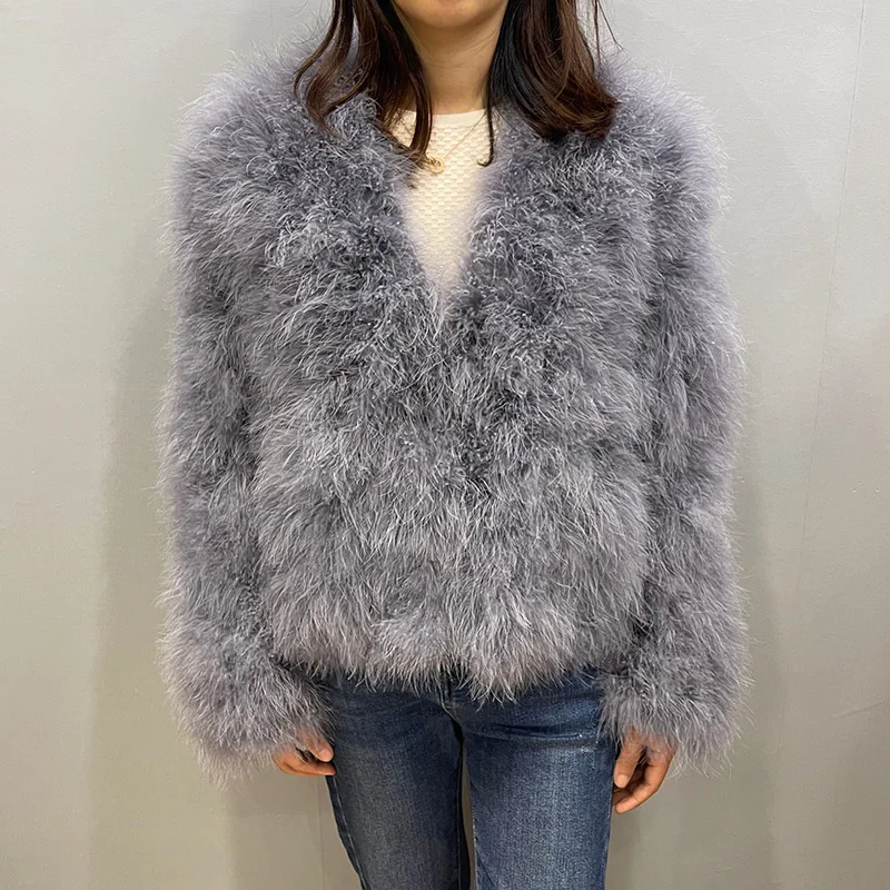 New Real Ostrich Feather Fur Coat Women's Gift Jacket Winter Thick Warm  Overcoat