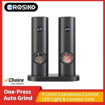 CROSIKO KYMQ-14-BS One Press Electric Pepper Salt Grinder 5 Levels Adjustable Coarseness LED Light Ceramic Mill Kitchen Tools 1