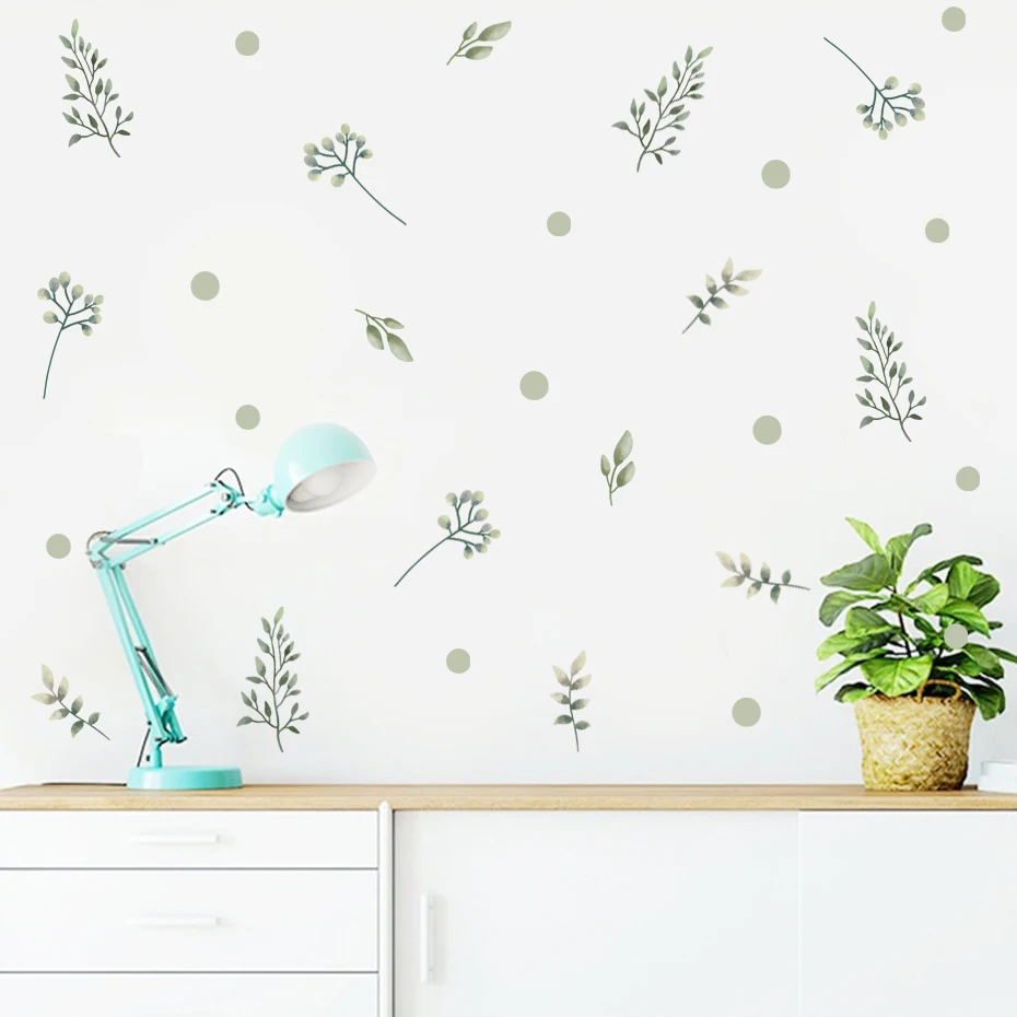 Wall Stickers Vinyl Decal Stickers Children Room Decoration Cartoon Green Leaves Watercolor Vinyl Nursery Wall Decals Print Kids Girls Room Living Room Interior Home Decor Wall sticker