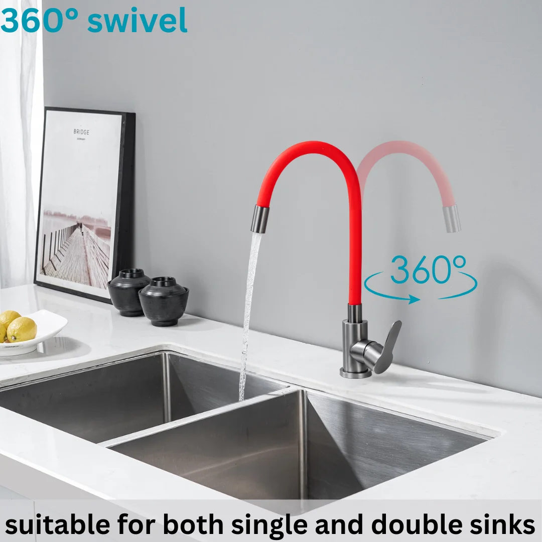 Red Flexible Kitchen Faucet 360° Rotatable Stainless Steel Tap with PVD ...