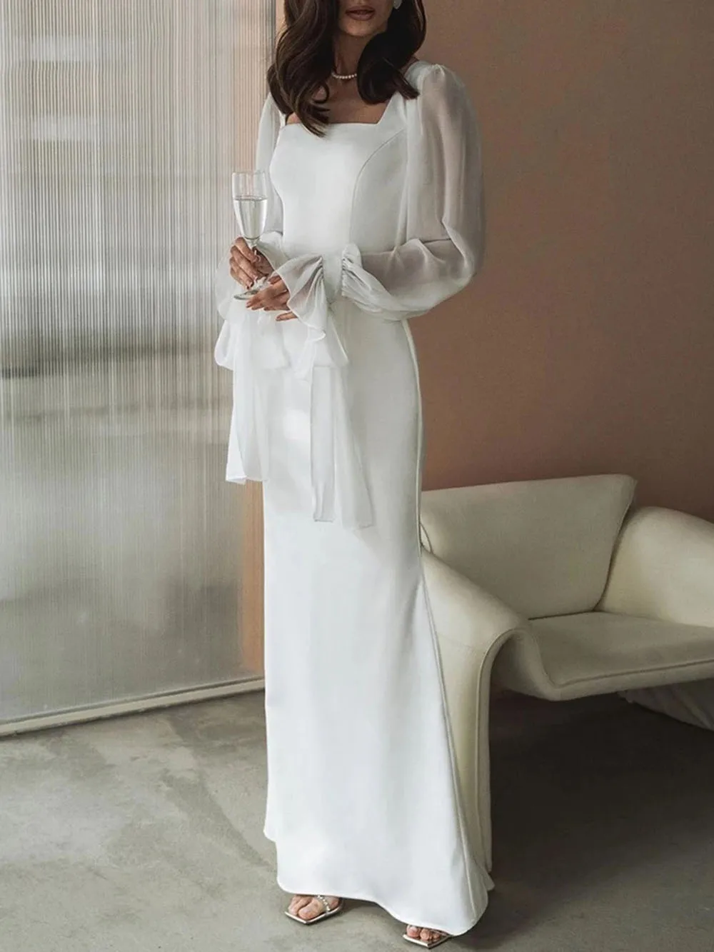 SoDigne Simple Wedding Dresses Square Neck Puff Sleeves Bodycon Satin Bride Dresses Vintage Bridal Gown Floor length Customized 14 Ada5f469f83f74c8b92e9bdf0540759e7o