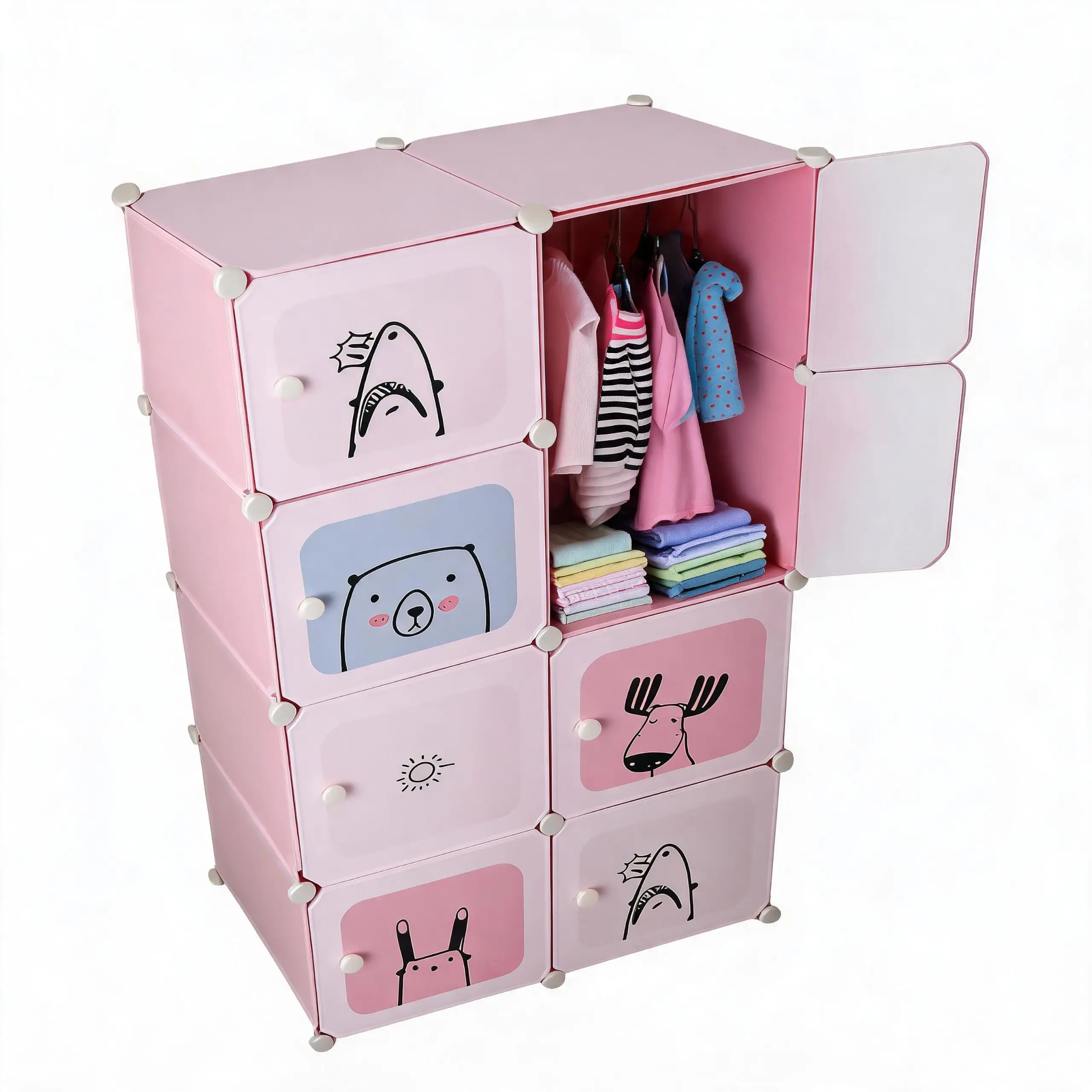 Armoire pour enfants, meuble de rangement en plastique à 8 compartiments avec portes et barre pour vêtements, conception d'angle peu encombrante, disposition flexible, pour vêtements, jouets et chaussures d'enfants. 1