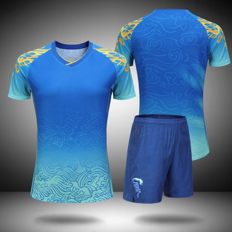 Championship Blue Table Tennis Shirt Shorts China Dragon Badminton Clothes Set Men Women Child Golf Pingpong Family Jersey