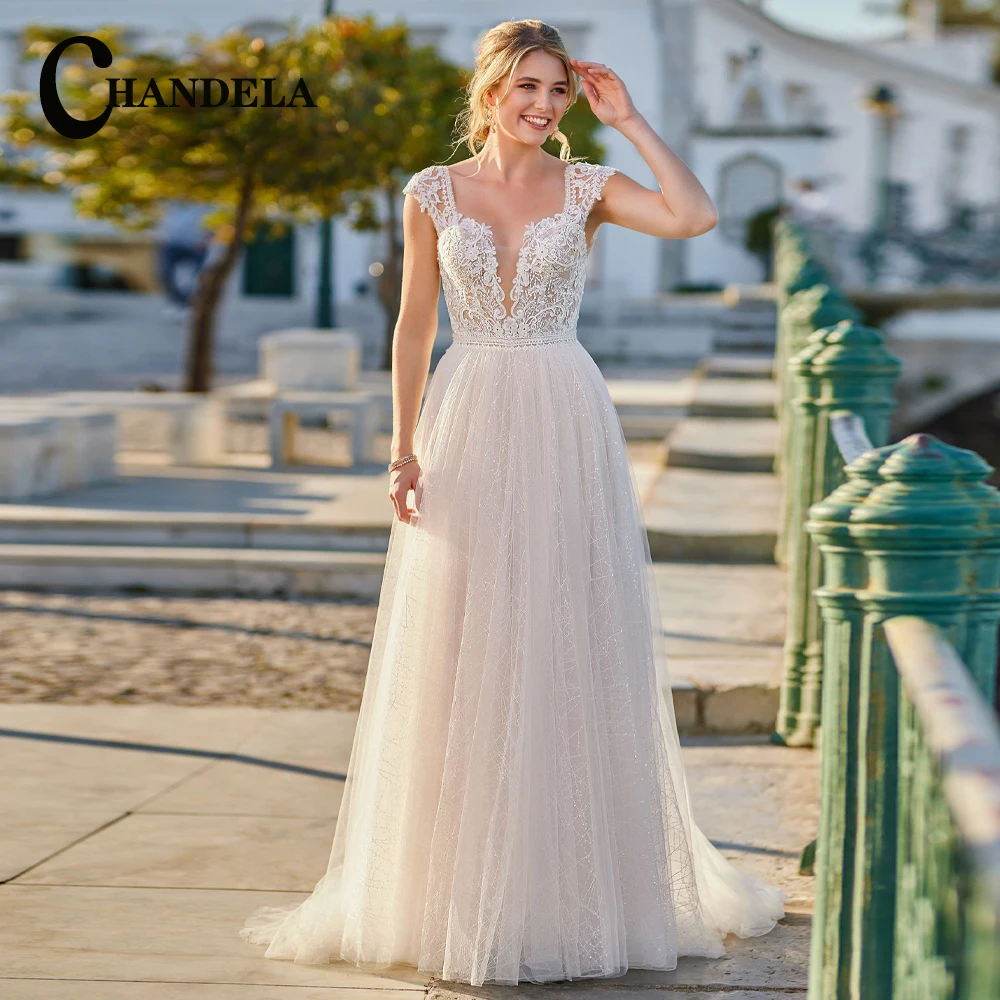 

CHANDELA Boho Wedding Dresses Scoop Cap Sleeves Pleat A-Line Backless Tulle Bridal Gown Suknia slubna Customised For Women