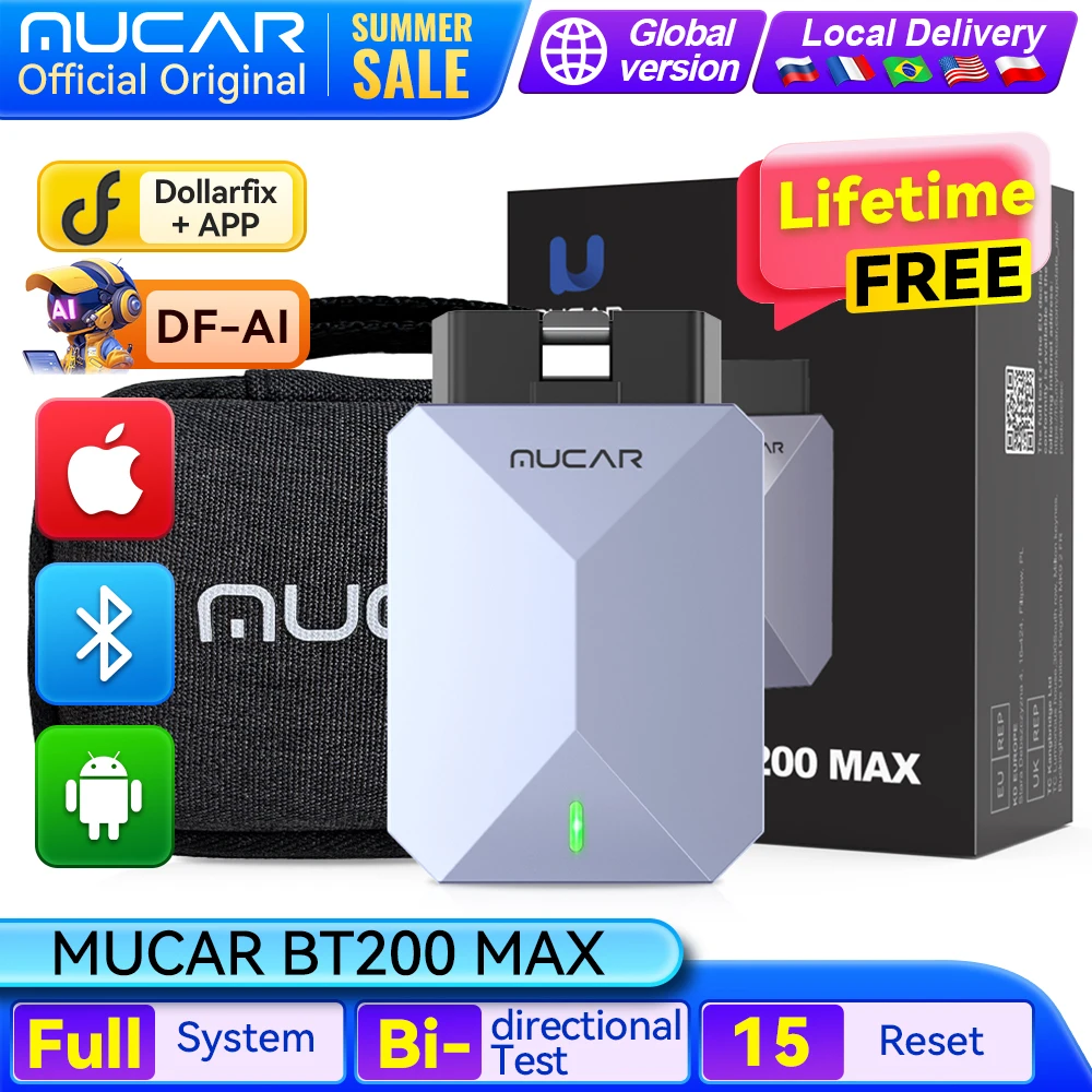 MUCAR BT200 MAX Lifetime Free Auto OBD2 Scanner Full System 15 Reset CAN-FD Bi-directional ECM TCM ABS Car Diagnostic Tools