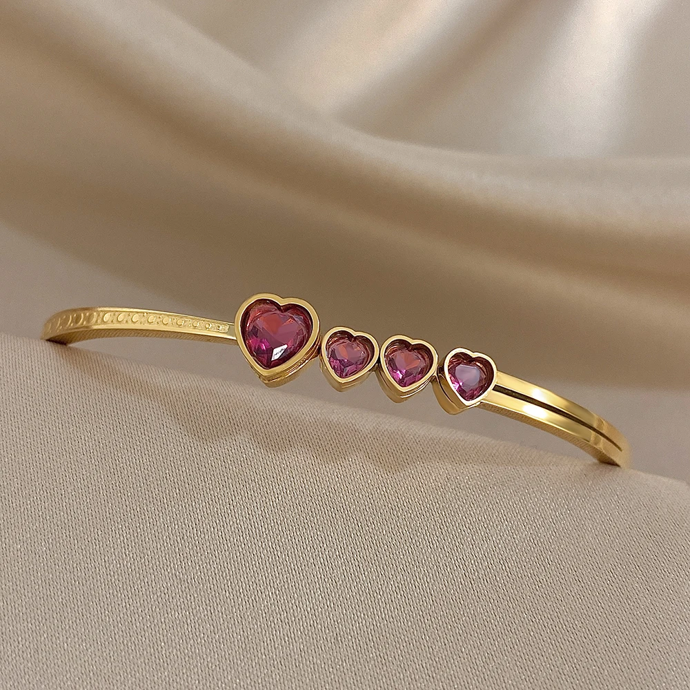 Elegant Pink Heart Rhinestone Stainless Steel Open Spring Bangle for Women Golden Waterproof Cuff Bracelet Festival Jewelry Gift 5