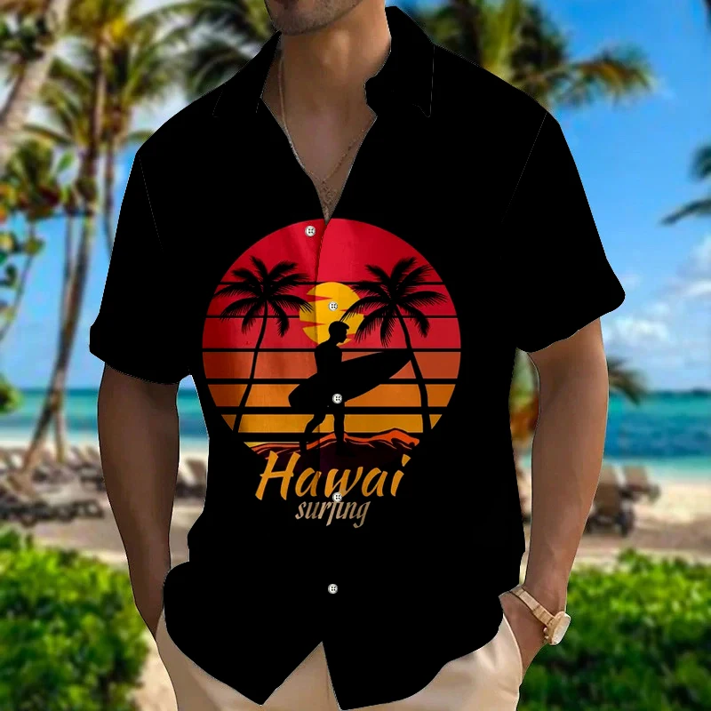 

Hawaiian Men's Shirts Coconut Tree Print Short Sleeve Shirt Button Loose Top Fit Seaside Holiday Men's Clothing Shirt Tops
