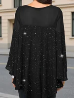 Elegant plus Size Solid Color 3/4 Sleeve Loose Top for Women Fashion Shiny Asymmetrical Hem round Neck Long Shirt - Image 2