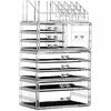 "4-pack clear stackable makeup organizers – 9-drawer vanity storage for jewelry & beauty products" 1