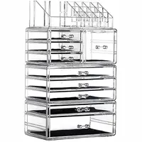 "4-pack clear stackable makeup organizers – 9-drawer vanity storage for jewelry & beauty products" 1