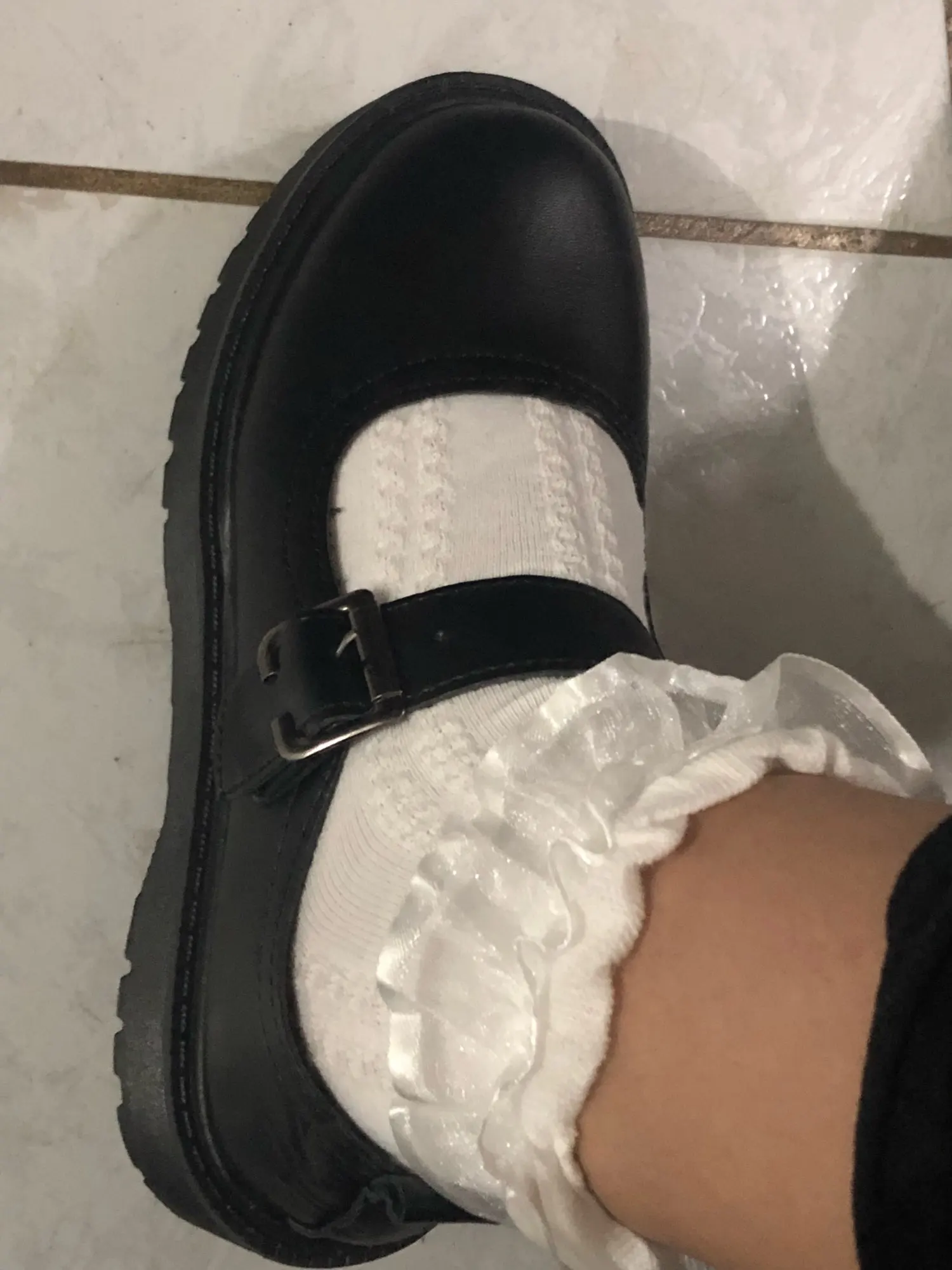 Académico Lolita Negro Punta Redonda PU Zapatos de cuero