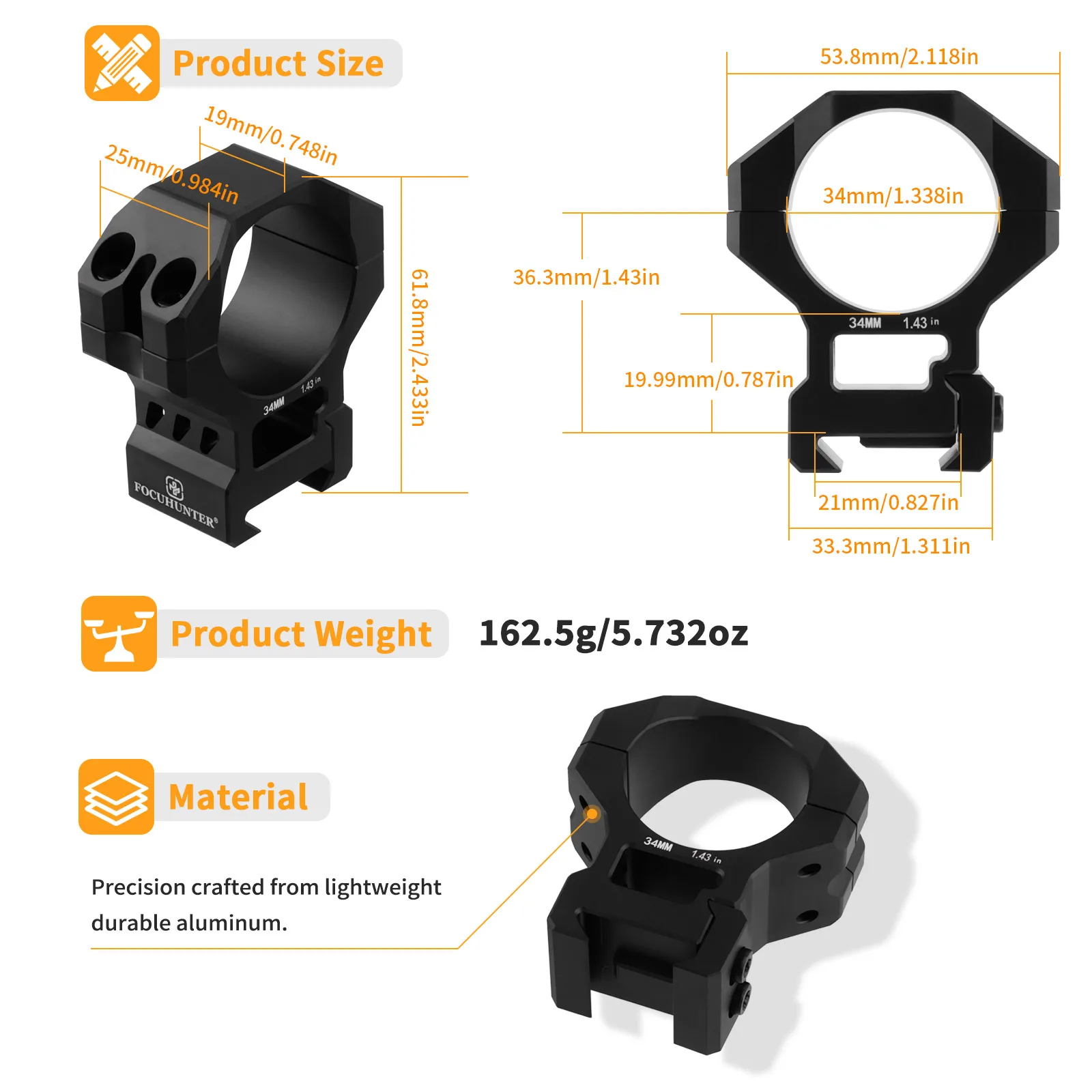 FOCUHUNTER 34mm Scope Mount adaptador 34mm Diameter Tactical Sight Ring Mount Hunting 20mm Base Sights Ring Adapter