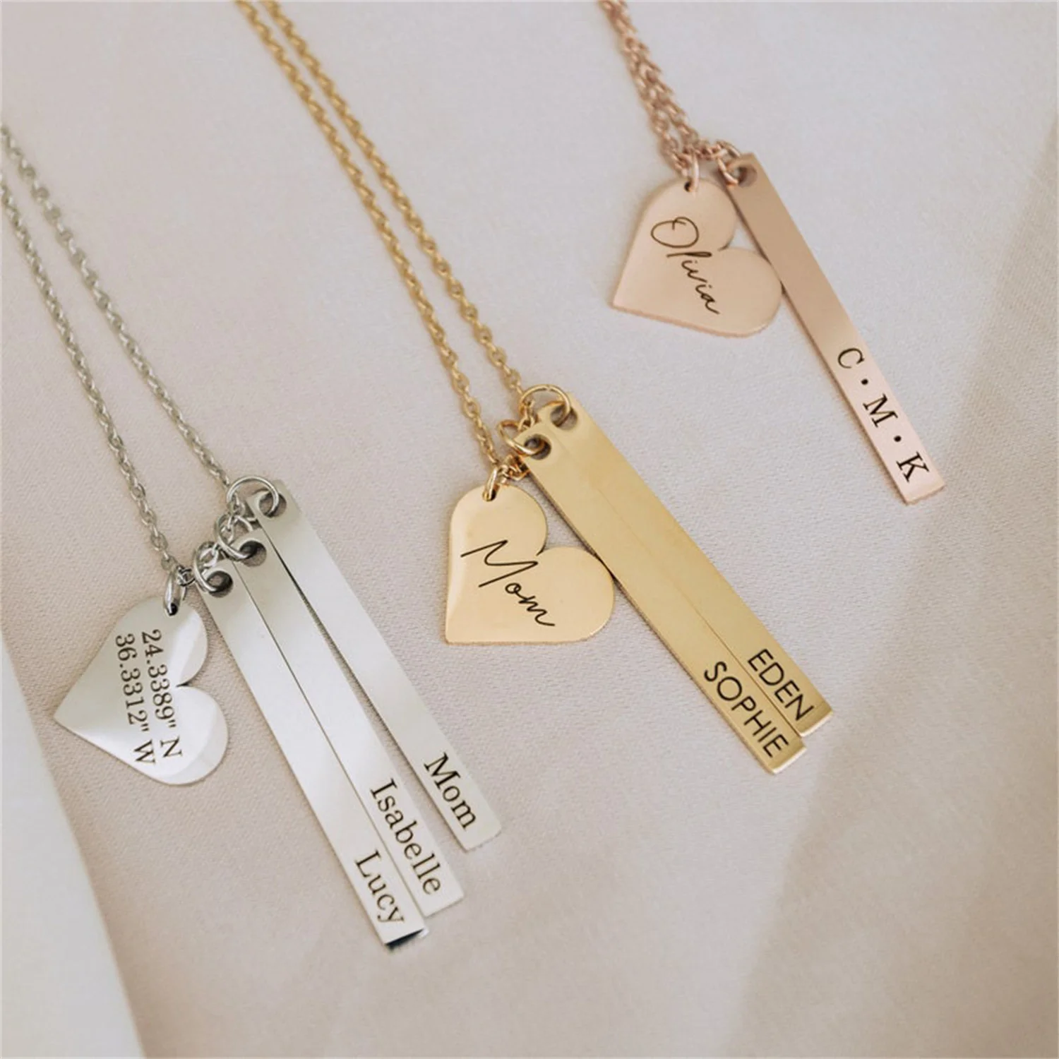 Personalized Engraved Name Bar Necklace Custom Heart Gold Charm Pendant Stainless Steel Jewelry Exquisite Gift For Family Friend e0bf 1 2pcs couple necklace bracelet relationship matching taichi fish bracelet for women teen best friend family jewelry