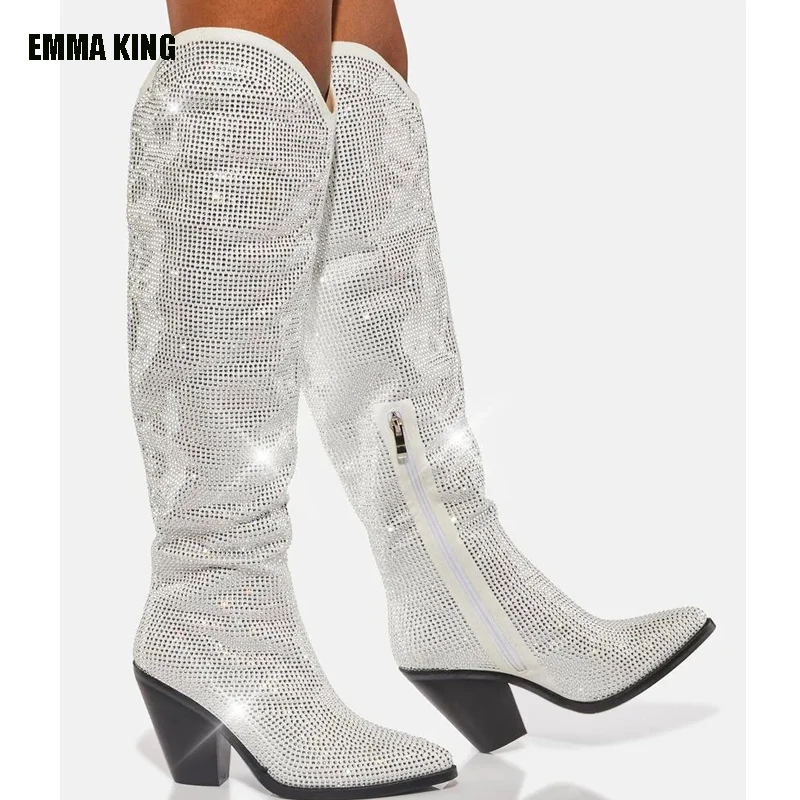 

2022 Blingbling Crystal Knee High Boots Women Sexy Pointed Boots High Heel Boots Luxury Shiny Catwalk Boots Big Size 44